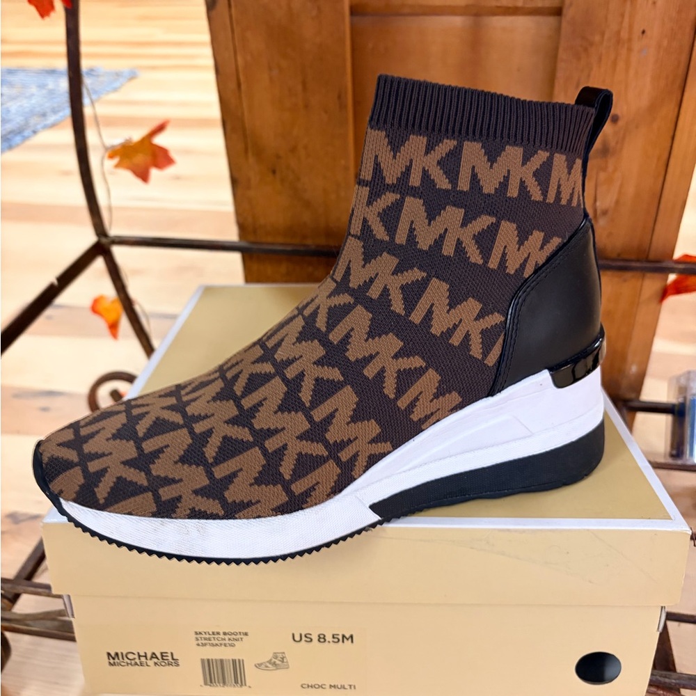 Michael Kors Skyler Logo Chocolate Stretch Knit Sock boots